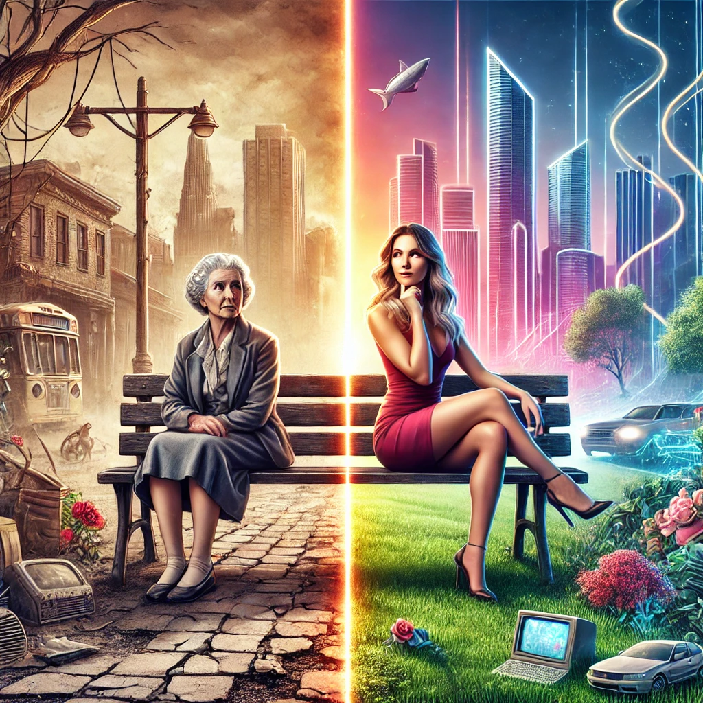 
						Two women sit on opposite ends of a park bench, symbolizing the contrast between old and new thinking.
						On the left, an elderly woman in a gray outfit sits in a worn, decaying urban environment with cracked pavement, an old tram, and vintage technology.
						On the right, a young, beautiful woman in a striking red dress sits confidently in a vibrant, futuristic cityscape, surrounded by lush greenery and sleek architecture.